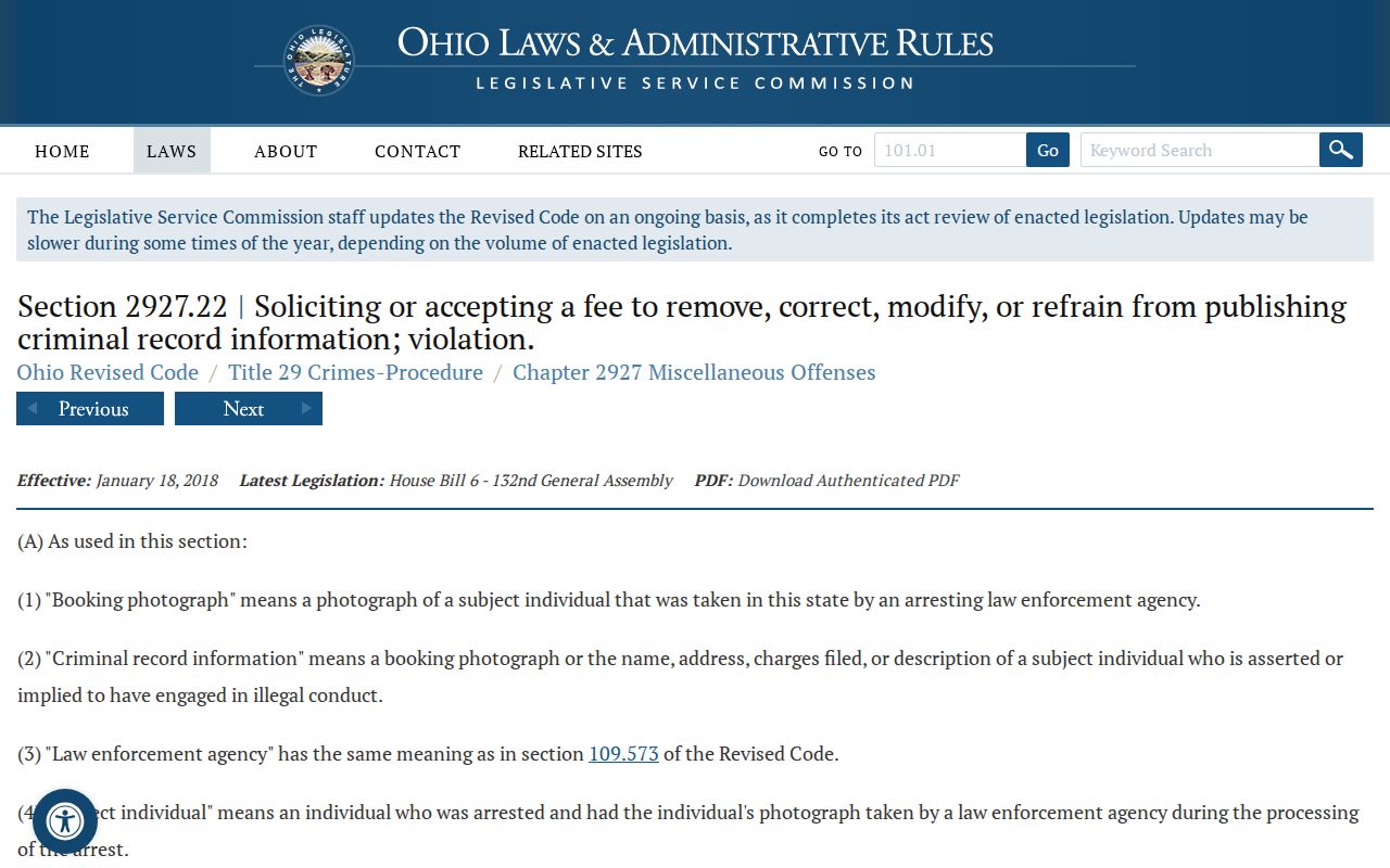 Ohio law affecting payment to remove Meigs County released mugshots