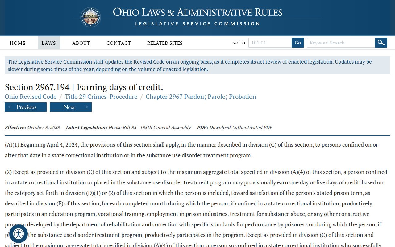 Ohio earned credit law for Meigs County projected release dates