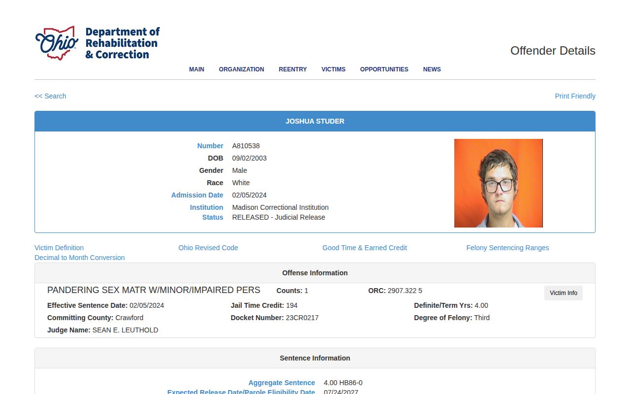 ODRC released offender photo interface relevant to Meigs County records